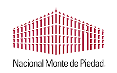 Logotipo de Nacional Monte de Piedad el texto esta escrito en negro con un edificio rojo antigo del centro de la ciudad de mexico