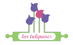 Logotipo de la Pasteleria los Tulipanes. Un logo con 4 tulipanes morados y rosas con tallo verde cuyo tallo forma un marco alrededor de la palabra los tulipanes